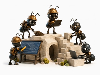 Myrmidon ants working together in different specialist roles to build a shared structure.