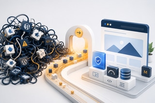 Business owner freeing themselves from tangled plugin wires into a bright, clean workspace symbolizing the switch from WordPress to custom-coded websites