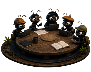 The Myrmidon team gathered around a strategy table