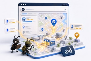Local business search results with a map, reviews and Myrmidon ants investigating visibility